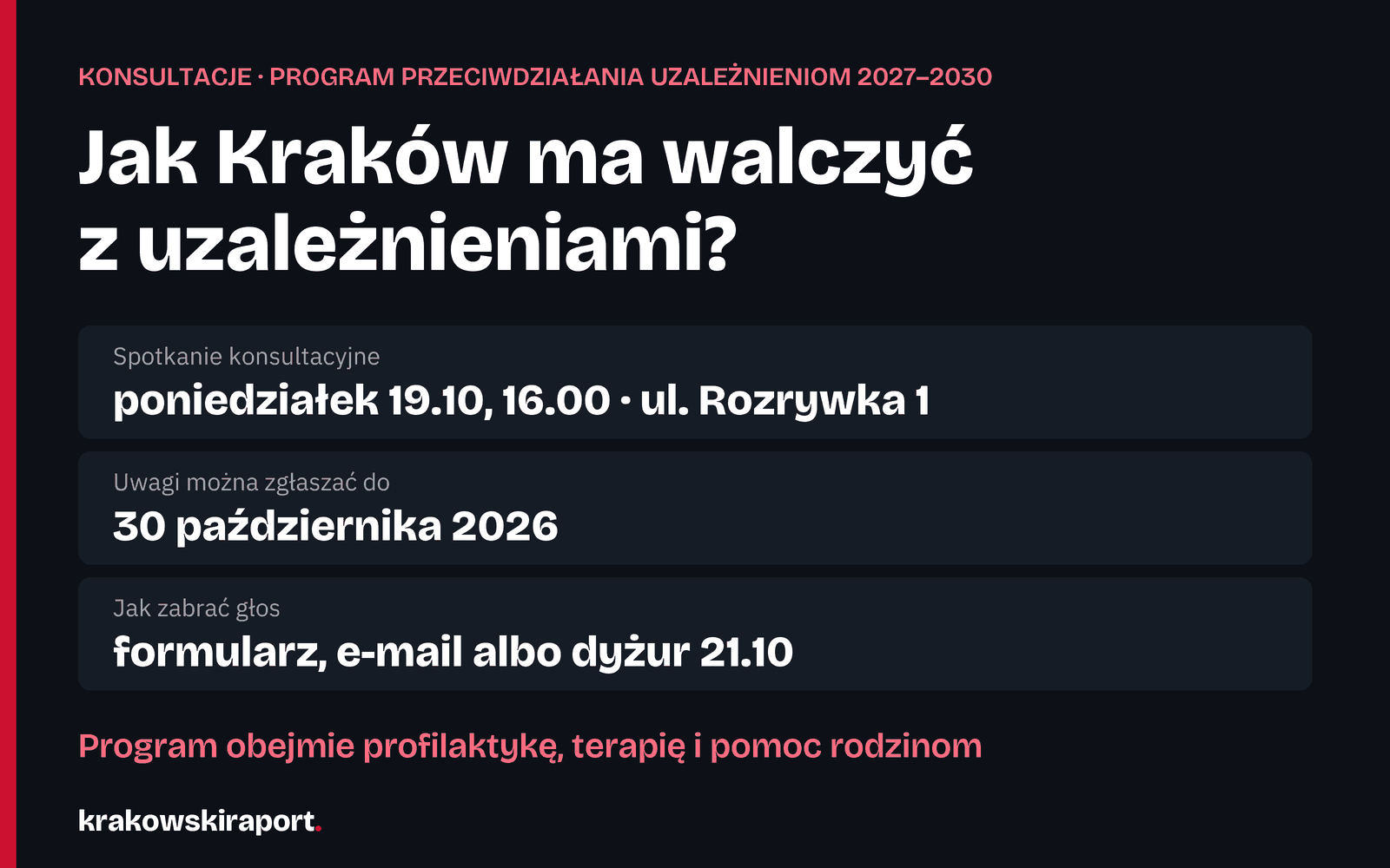 Program przeciwdziałania uzależnieniom w Krakowie 2027–2030: konsultacje do 30 października. Jak zgłosić uwagi i co jest w projekcie